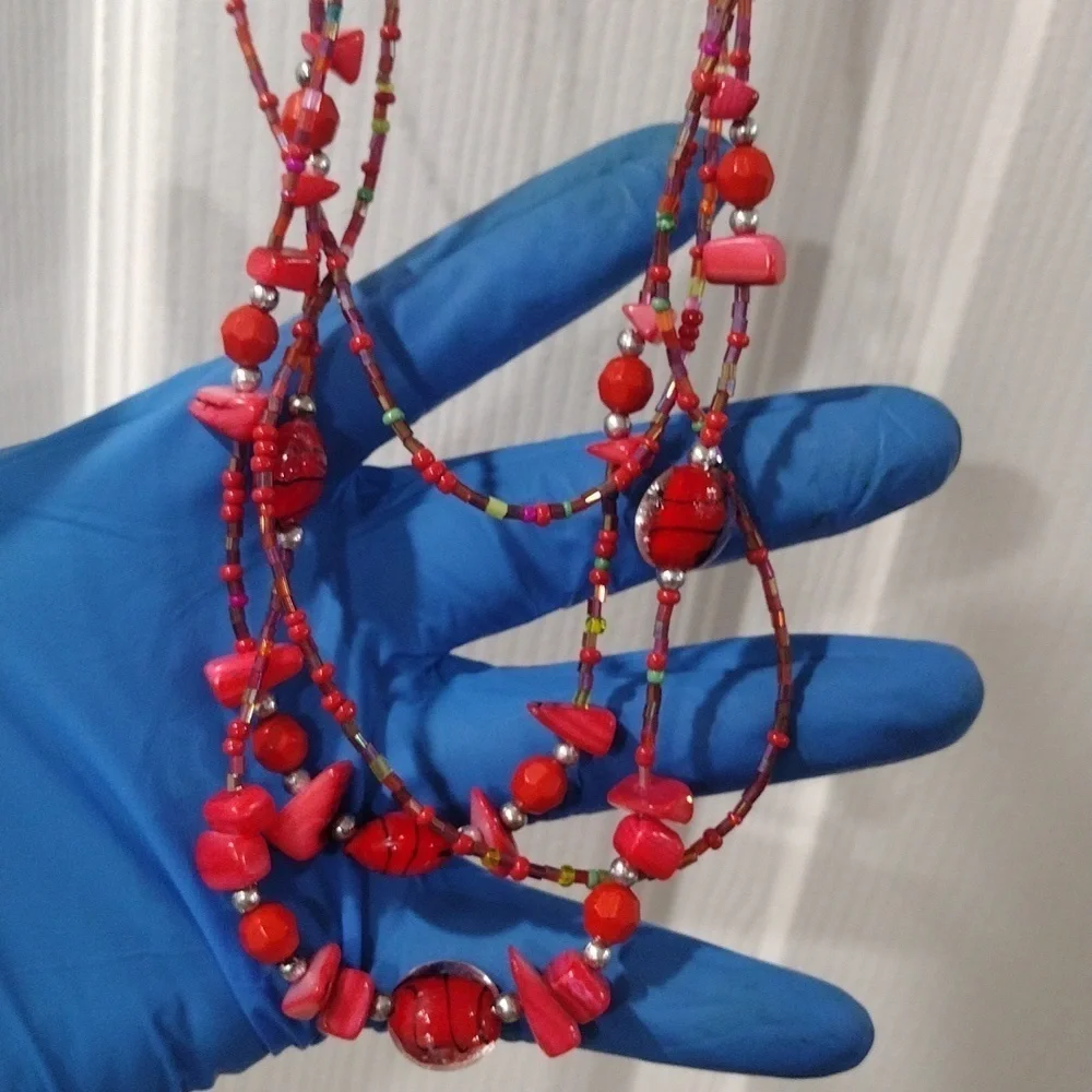 Women's Red Colorful Various Beads Sizes Layered Necklace w/ Matching Earrings